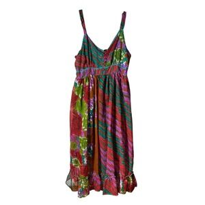 Mamta Boho Patchwork Floral Midi Dress Womens OS Multicolor Glitter Smocked Back